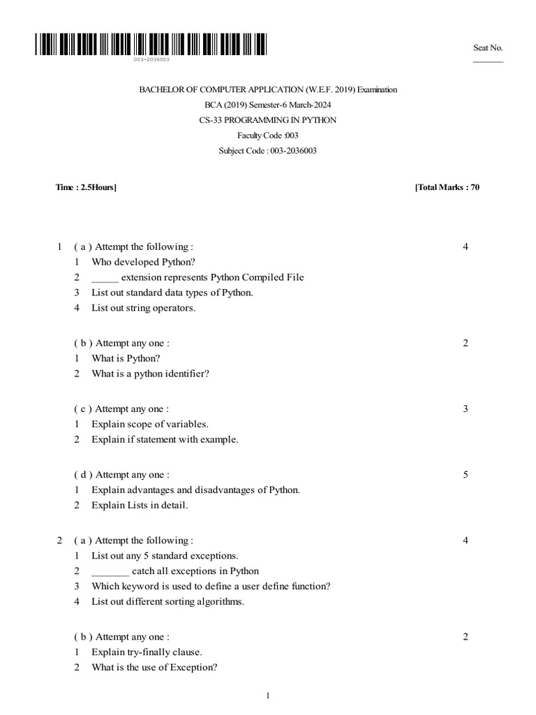 BCA (2019) Semester - 6-CS-33 PROGRAMMING IN PYTHON | PDF | Python ...
