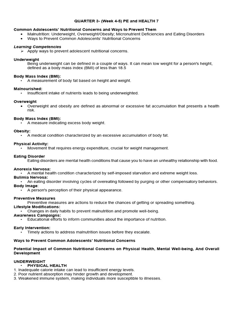 Quarter 3 Pe and Health Readings Week 4 5 | PDF | Obesity | Malnutrition