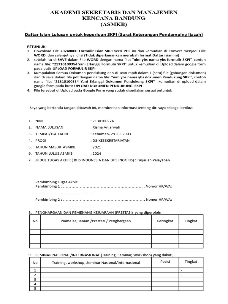 Panduan Pengisian Formulir SKPI ASMKB | PDF