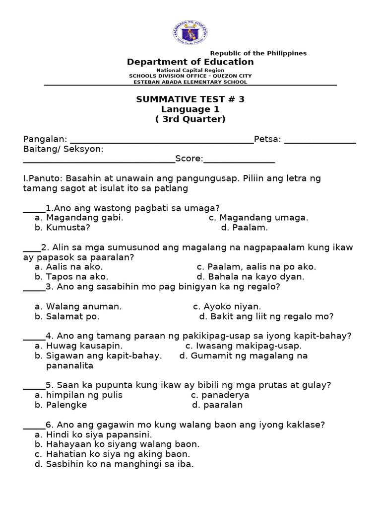 LANGUAGE 1 SUMMATIVE TEST 1 3rd Quarter | PDF