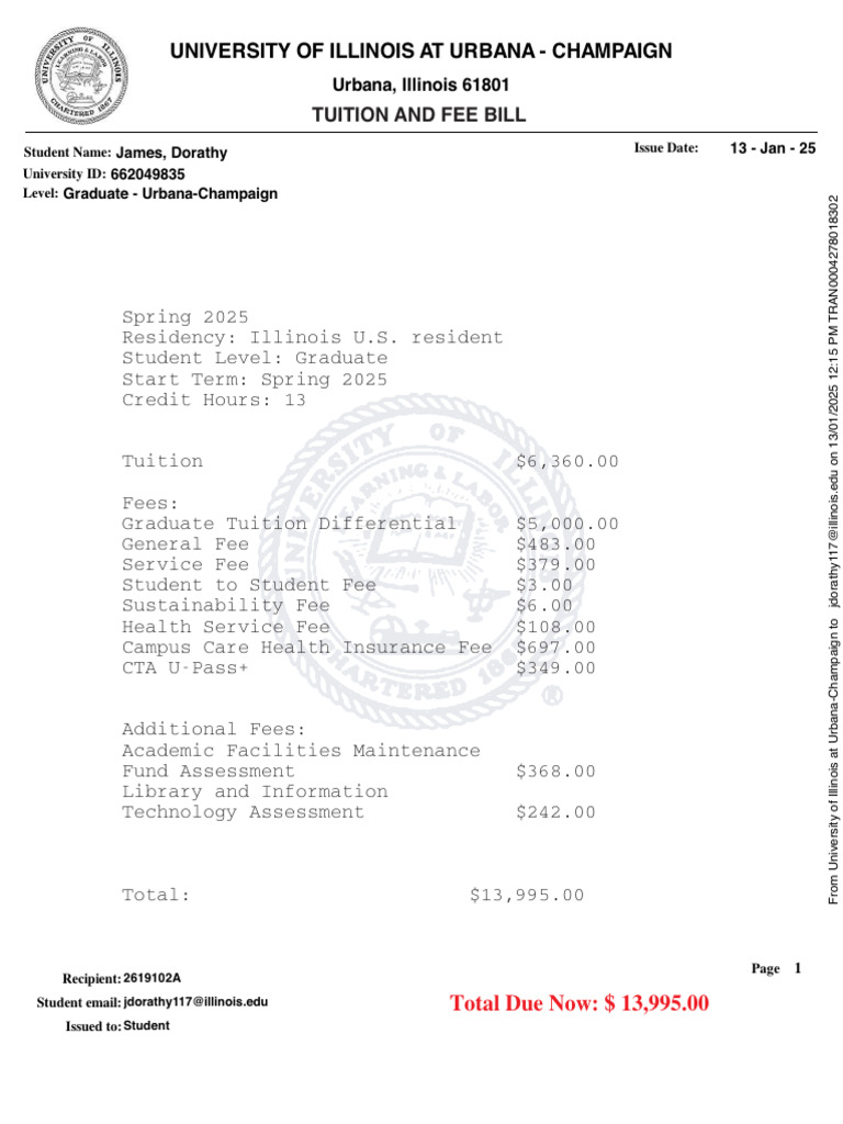 Spring 2025 Tuition Fee Bill | PDF