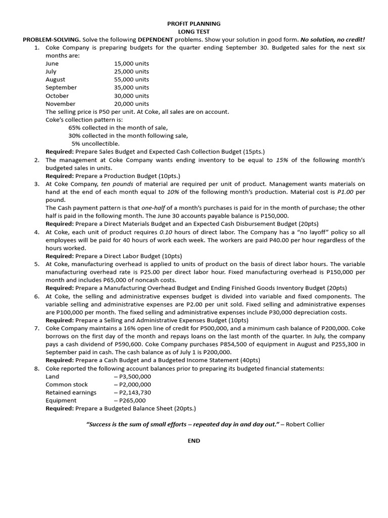Profit Planning Long Test | PDF | Expense | Inventory