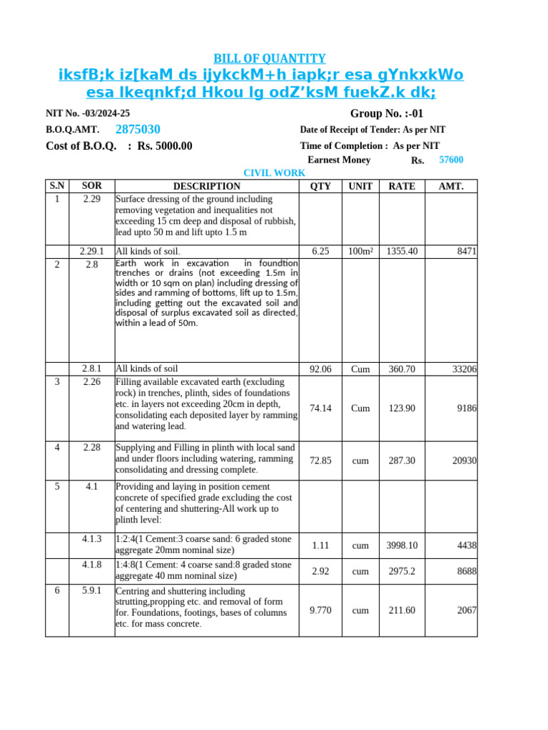 Civil Work Bill of Quantities 2024-25 | PDF | Electrical Wiring | Concrete