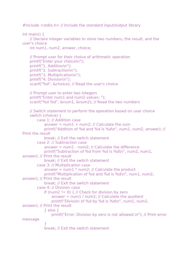 C Program for Basic Arithmetic Operations | PDF