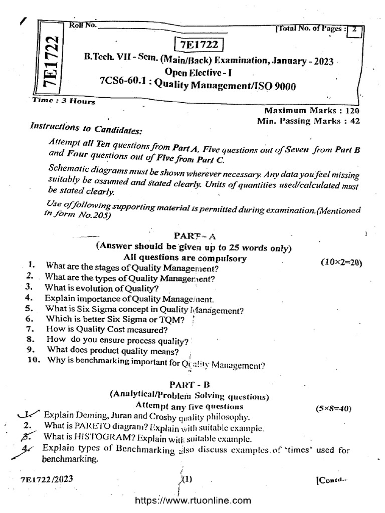 Btech Cs 7 Sem Quality Management 7e1722 Jan 2023 | PDF