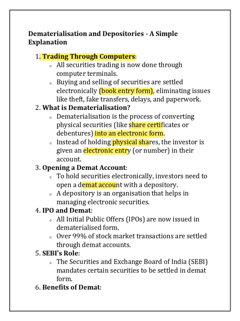 Understanding Dematerialisation and Depositories | PDF | Securities ...