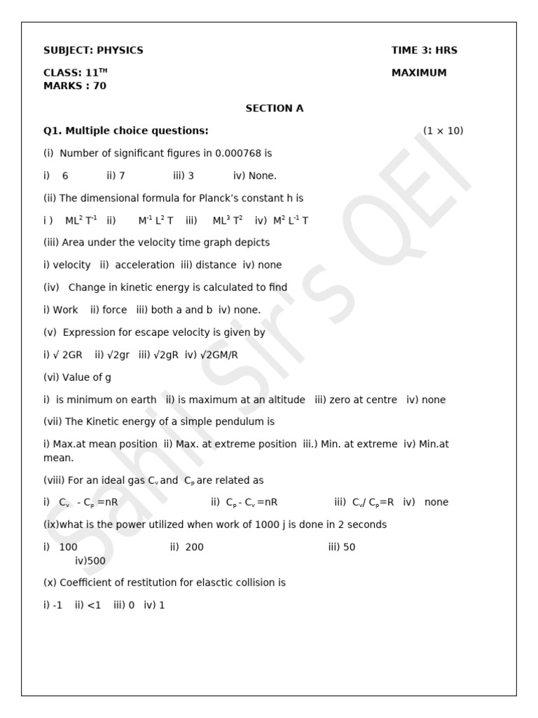 Class 11 Physics Exam Questions | PDF | Velocity | Mechanics