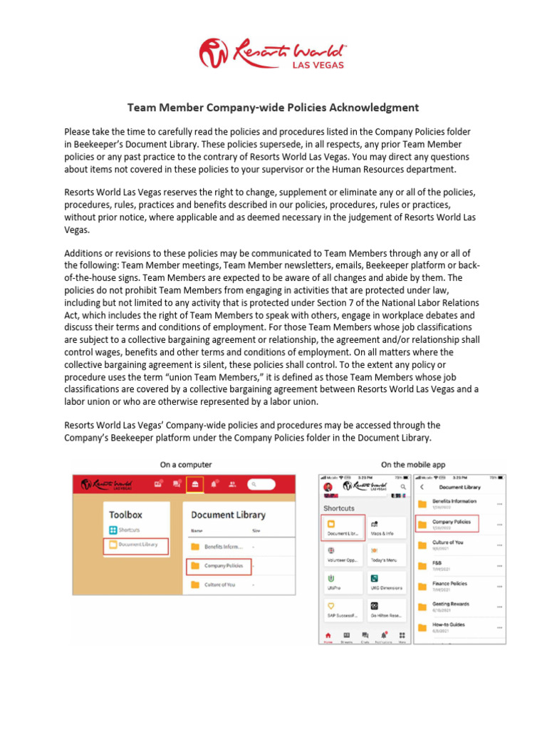 Resorts World Las Vegas Policies Acknowledgment | PDF | Labour Law ...