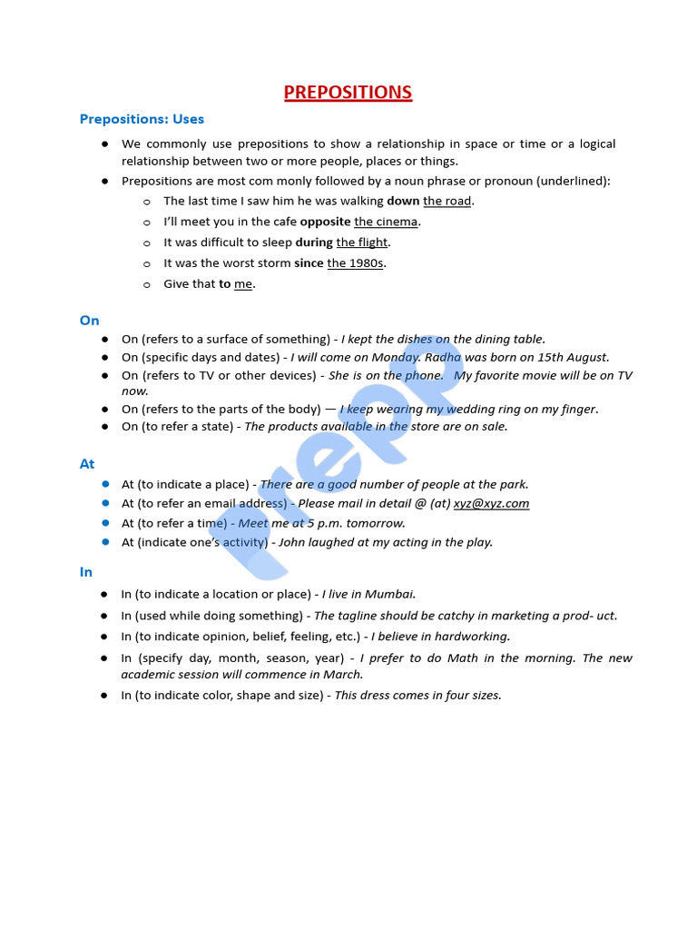 Understanding Prepositions and Their Uses | PDF | Verb | Preposition ...