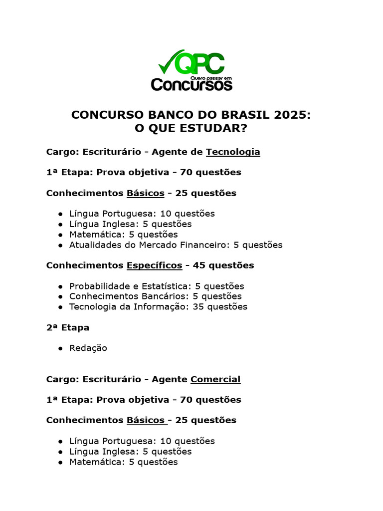 Matérias para Concurso Banco do Brasil 2025 | PDF