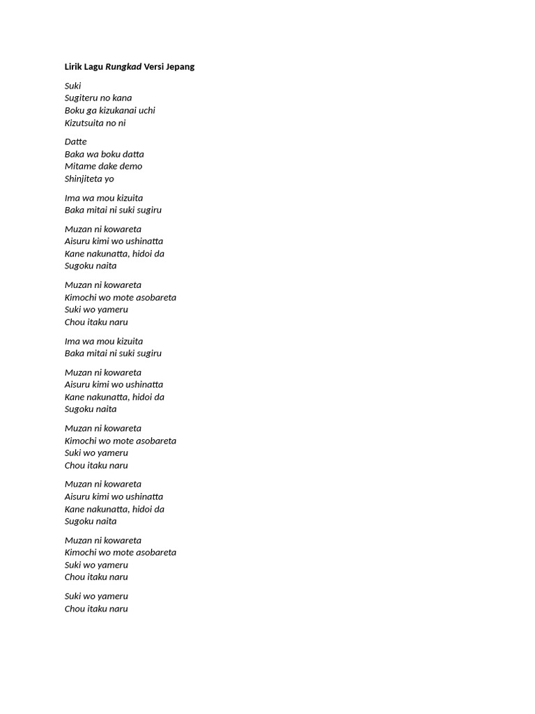 Rungkad Lyrics in Japanese Version | PDF