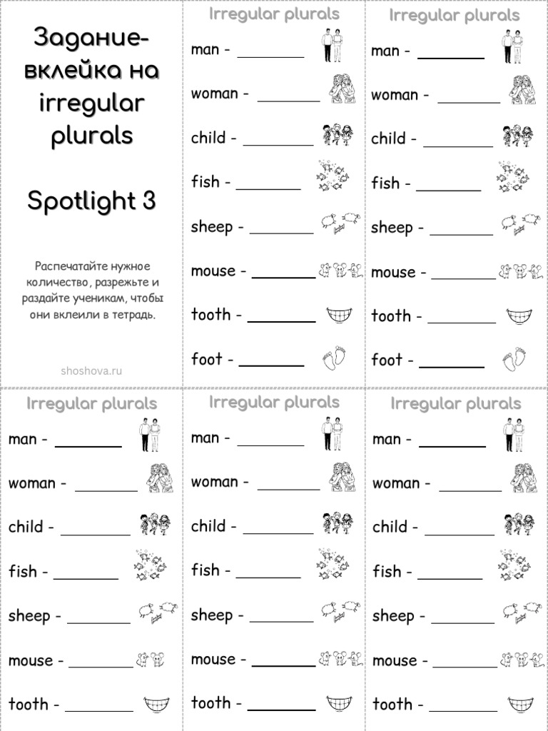 Задание-вклейка irregular plurals spotlight 3 | PDF