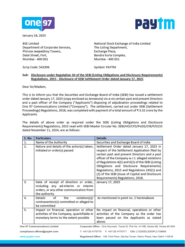 SEBI Settlement Order for Paytm Directors | PDF | Financial Markets ...