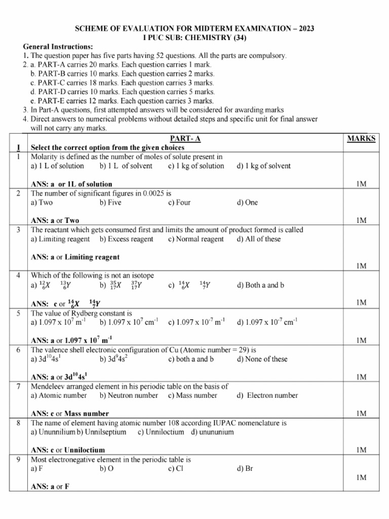 1st PU Chemistry Scheme of Evaluation Latest | PDF