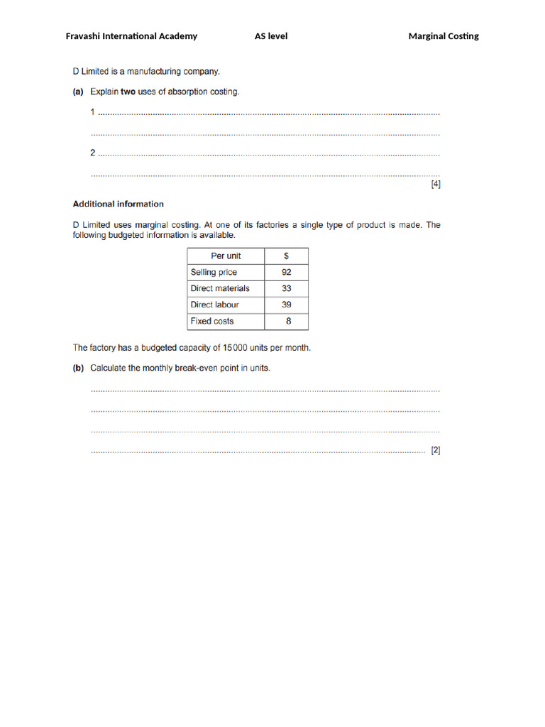 AS Level Marginal Costing Guide | PDF