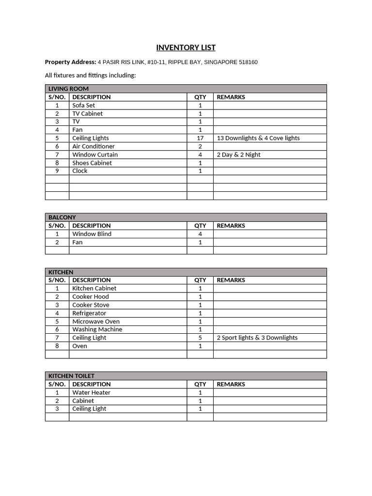 Detailed Inventory List for Singapore Property | PDF | Bedroom | Kitchen