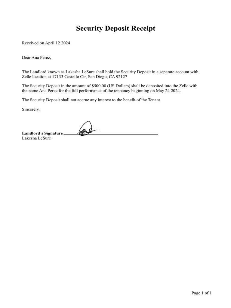 Ana Perez Security Deposit Receipt | PDF