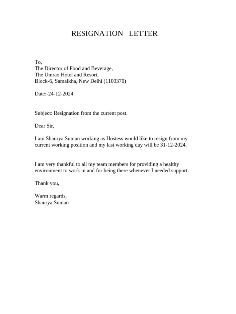 Hostess Resignation Letter 2024 | PDF