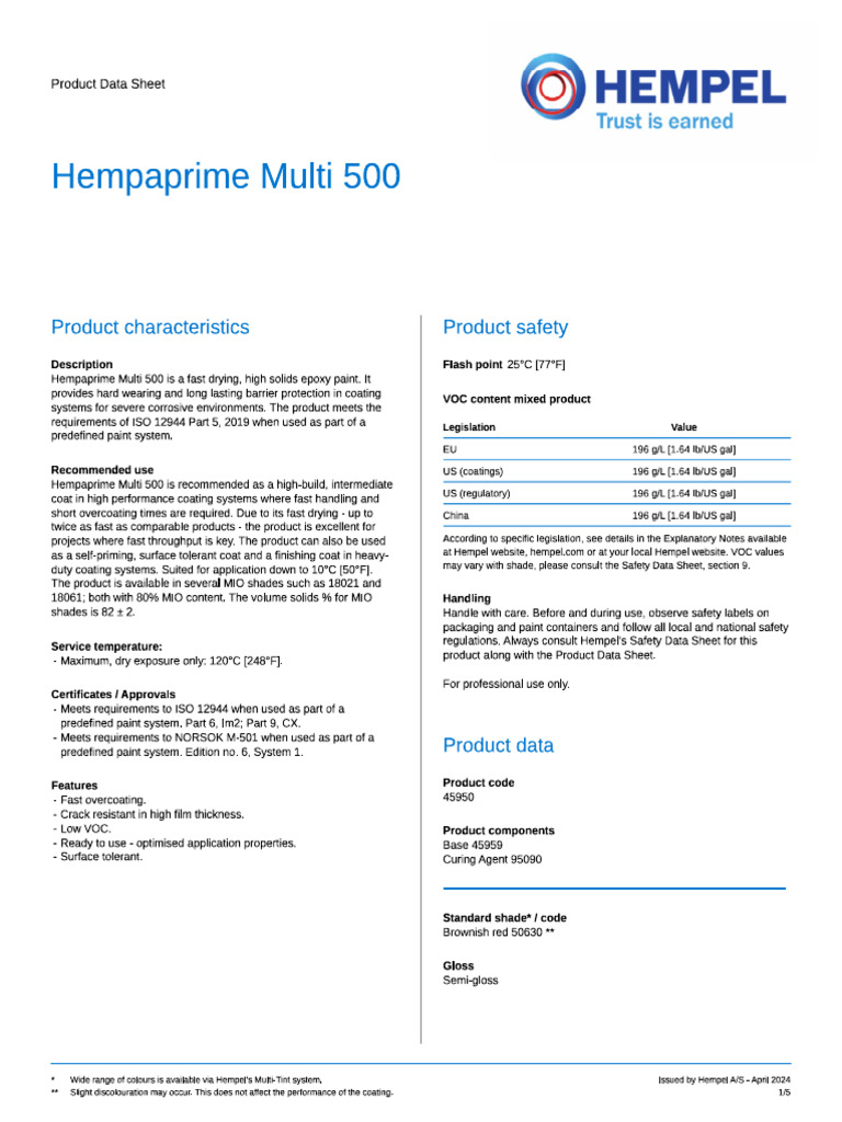 Hempel Paint - Product Specification - PDS-45950 | PDF