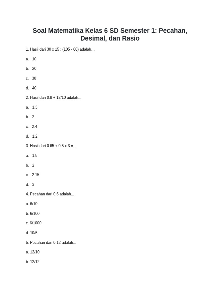 Soal Matematika Kelas 6 SD Semester 1 | PDF