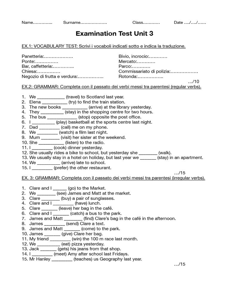 Vocabulary and Grammar Test Unit 3 | PDF