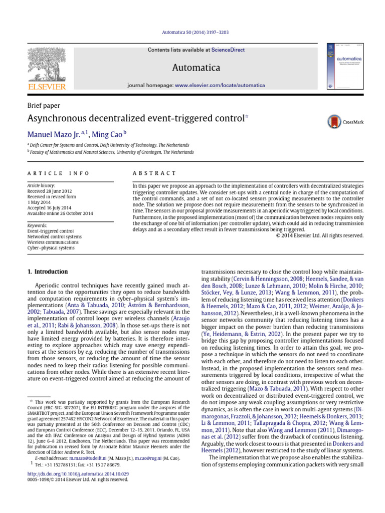 Asynchronous Decentralized Event-Triggered Control | PDF | Sequence ...