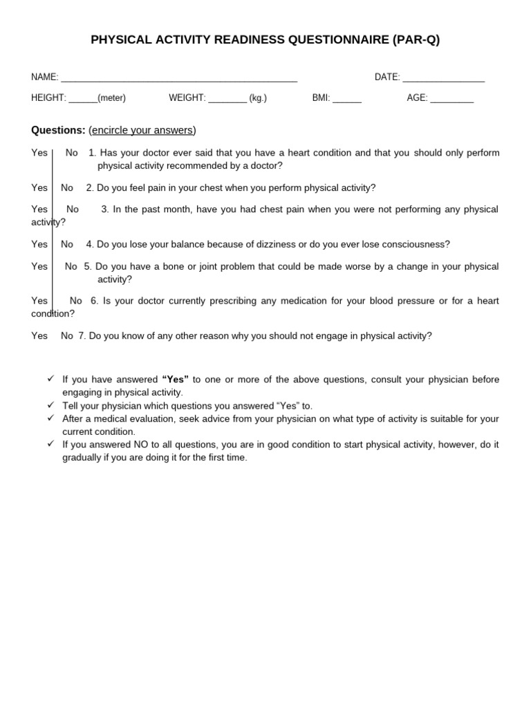 PHYSICAL ACTIVITY READINESS QUESTIONNAIRE | PDF