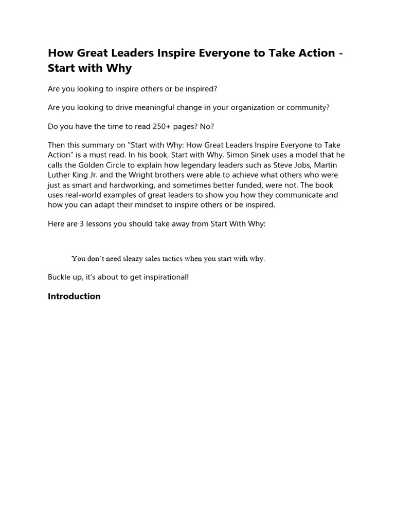 Book Review Start With Why Simon Sinek Pdf Leadership Reason
