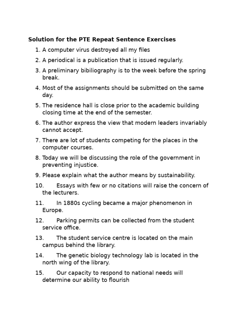 PTE Repeat Sentence Exercise Solutions | PDF