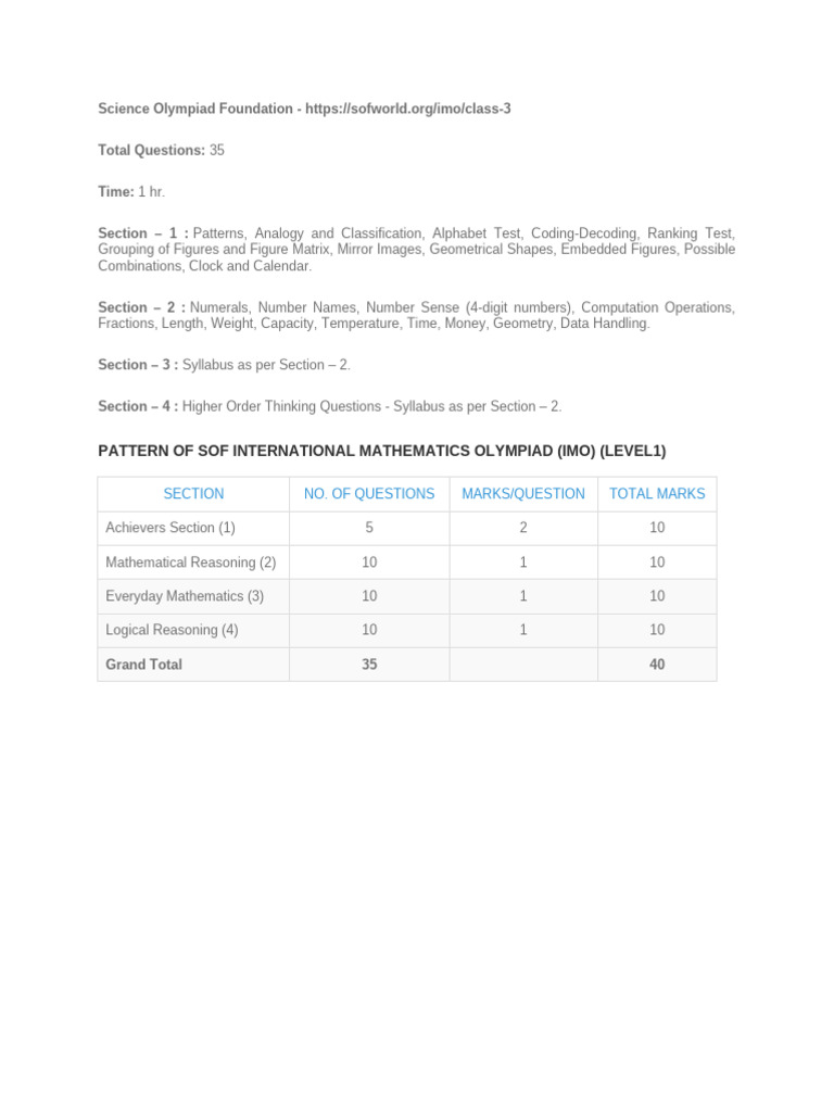 Class 3 International Math Olympiad Guide | PDF