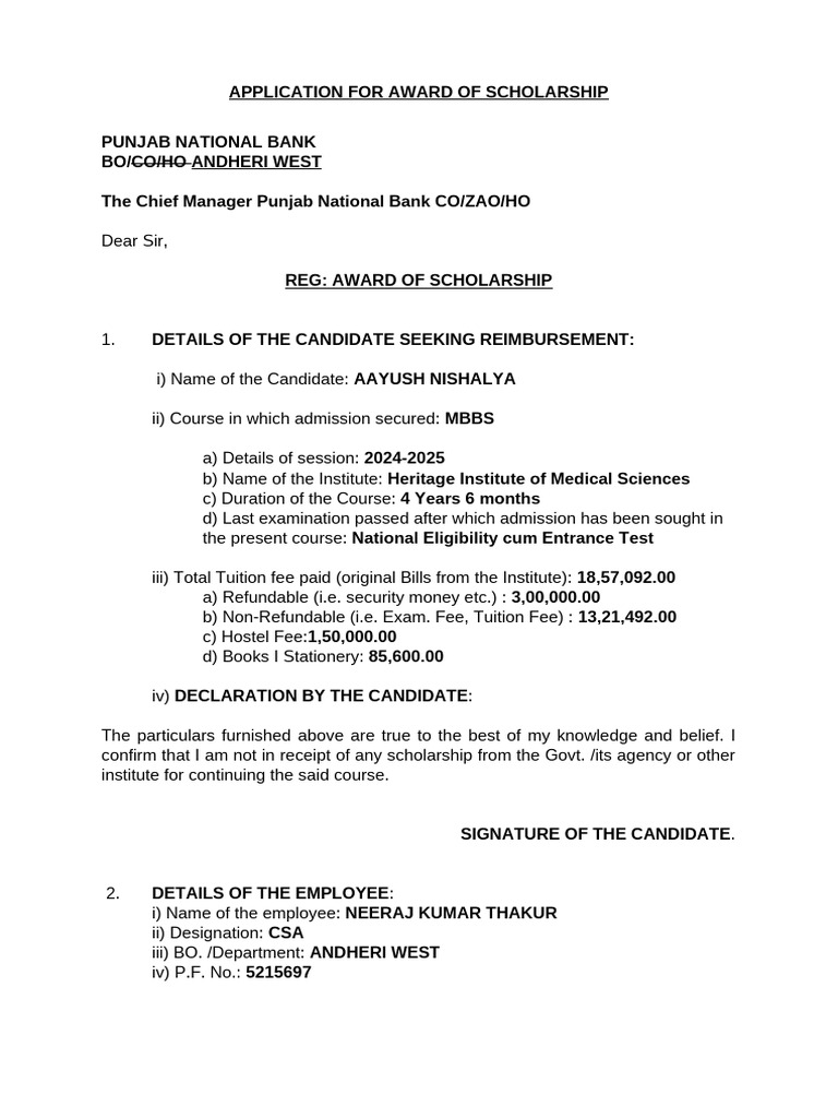 Punjab National Bank Scholarship Application | PDF | Educational Stages