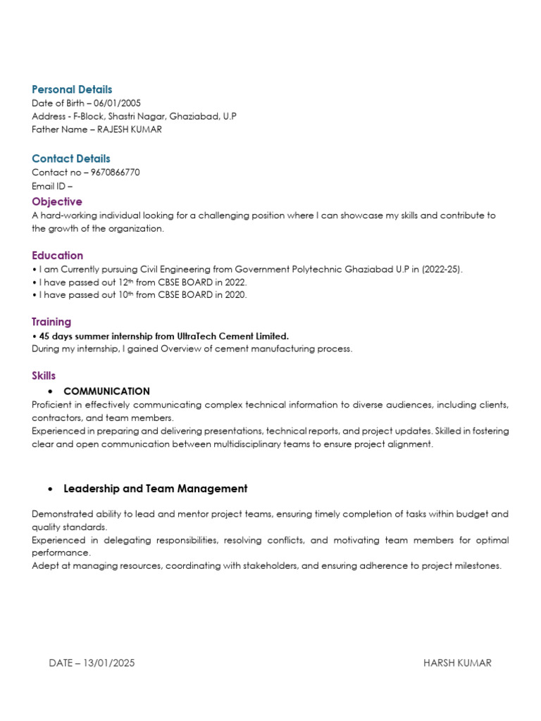 Harsh Kumar - Civil Engineering Resume | PDF