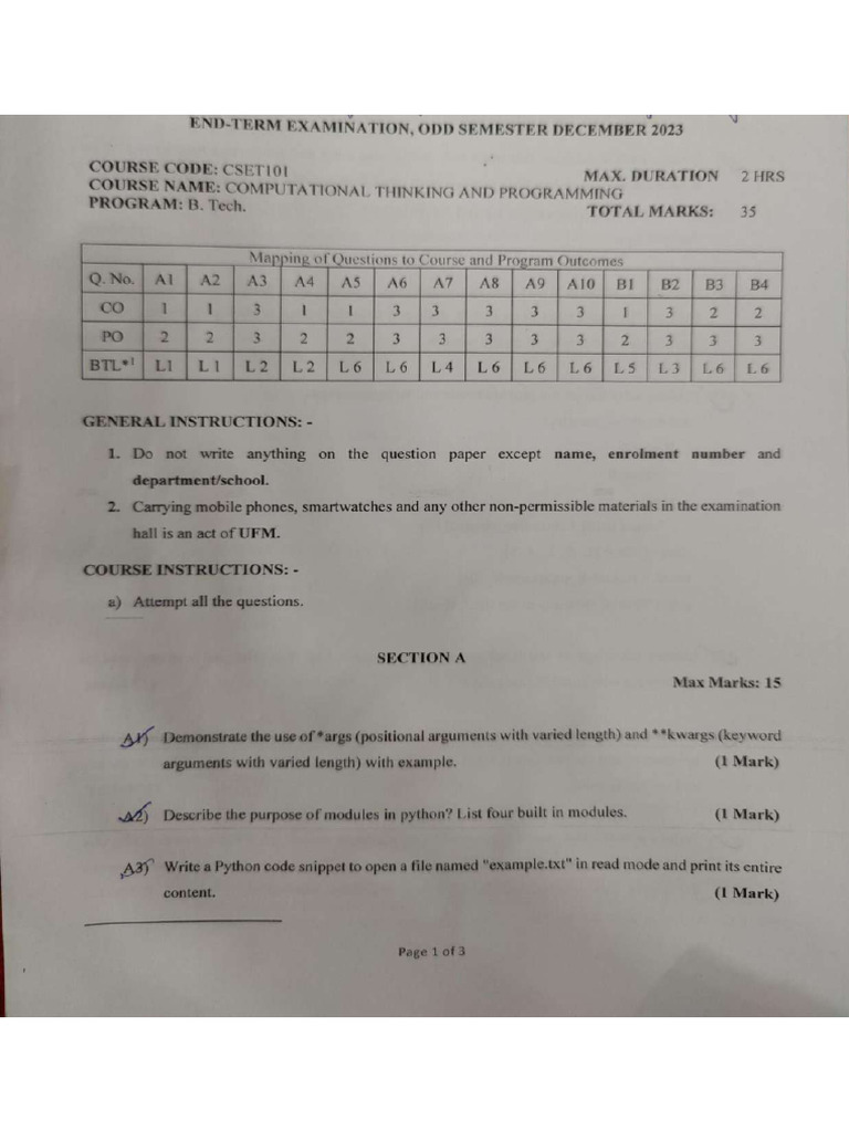 Python End Term Paper 2023-24 | PDF
