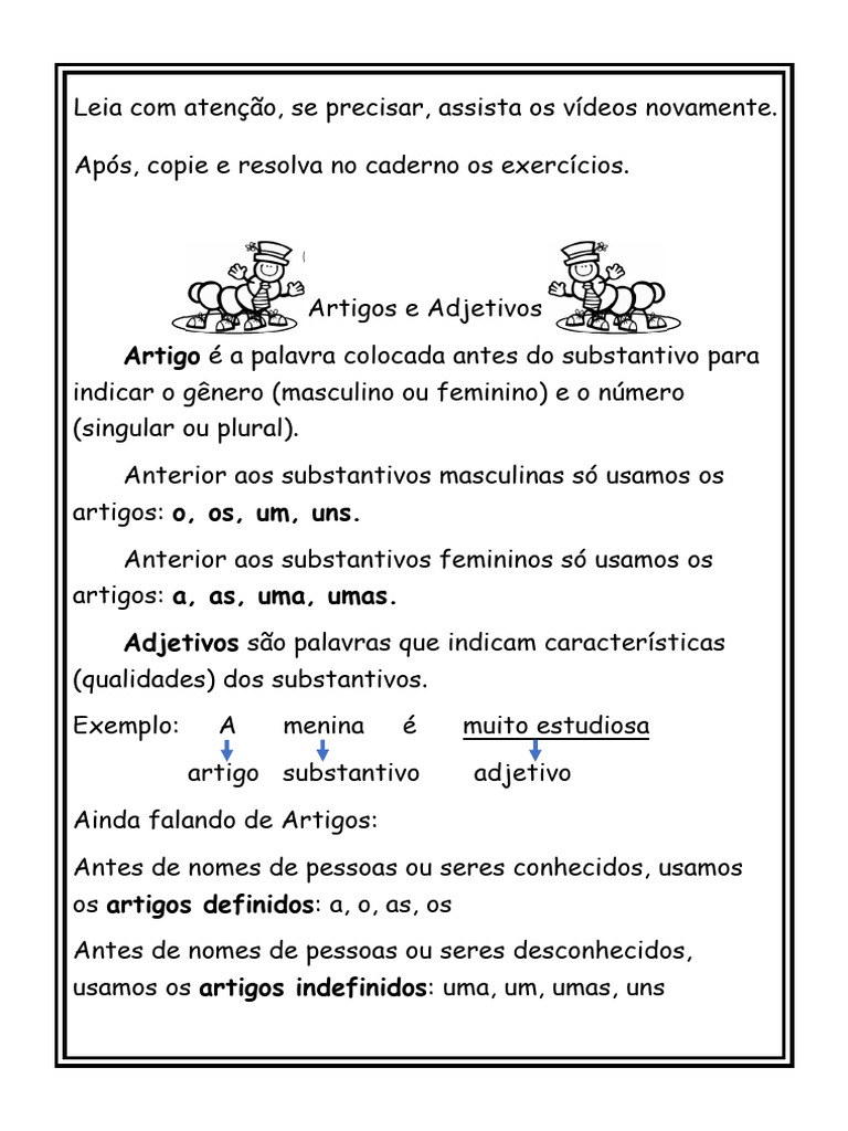 Atividades Gramaticais Trabalhando Artigos Substantivos e Adjetivos 4º ...