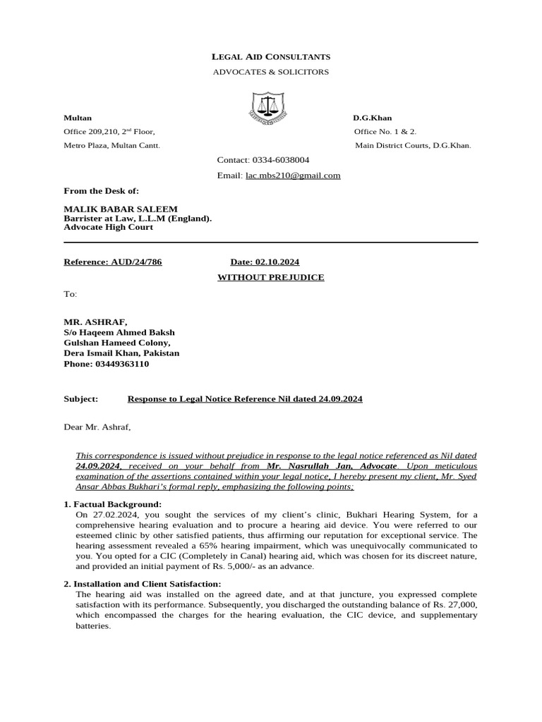 Legal Response to Hearing Aid Dispute | PDF | Justice | Crime & Violence