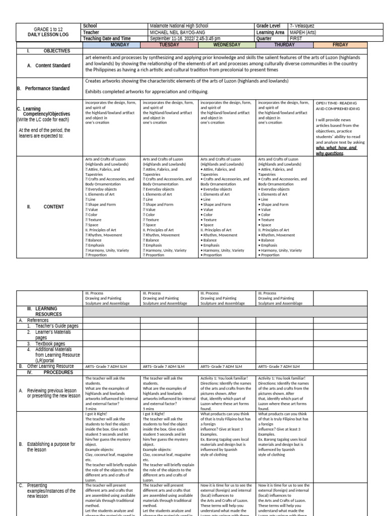 Grade 7 MAPEH Daily Lesson Log | PDF | Cognition | Learning