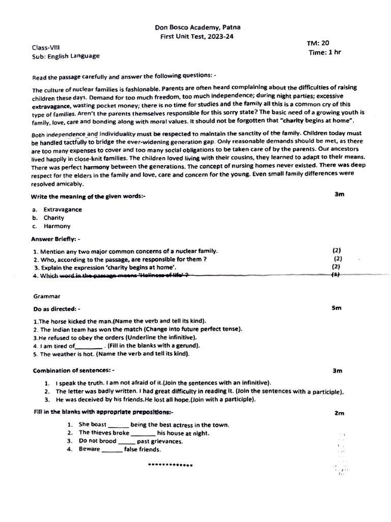 8th 1st UT Question Paper | PDF