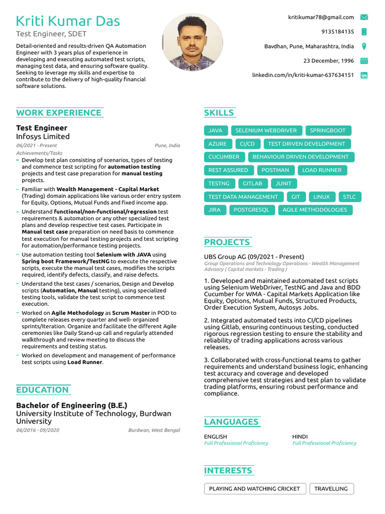 QA Automation Engineer Resume | PDF | Software Testing | Selenium ...