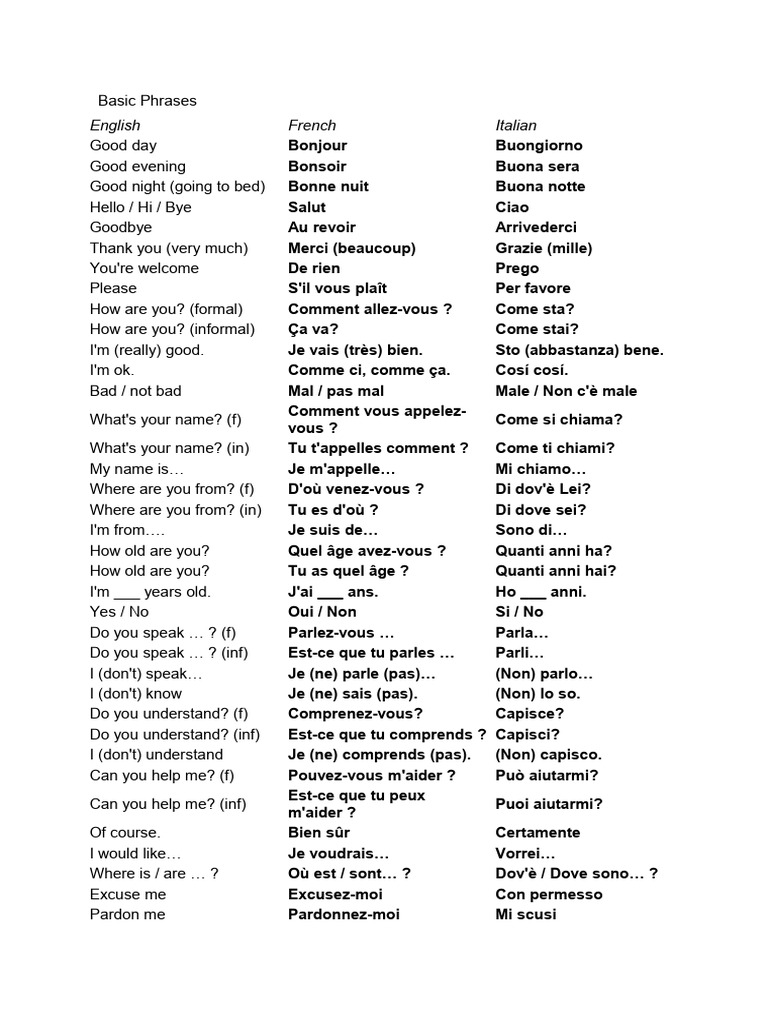 Basic Phrases in French and Italian | PDF | Grammatical Gender ...