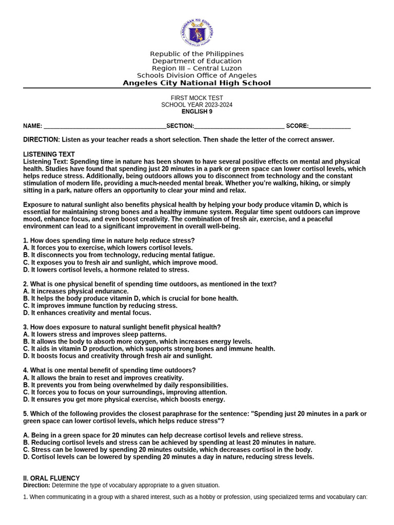 English 9 Mock Test for Listening Skills | PDF | Stress (Biology) | Verb
