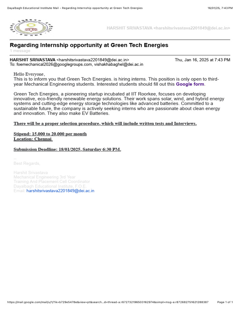 Internship Opportunity at Green Tech Energies | PDF