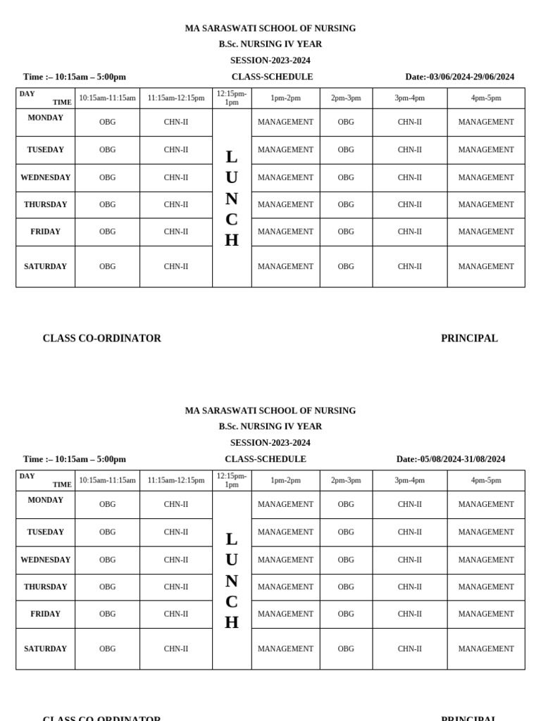 B.Sc. Nursing IV Year Class Schedule | PDF