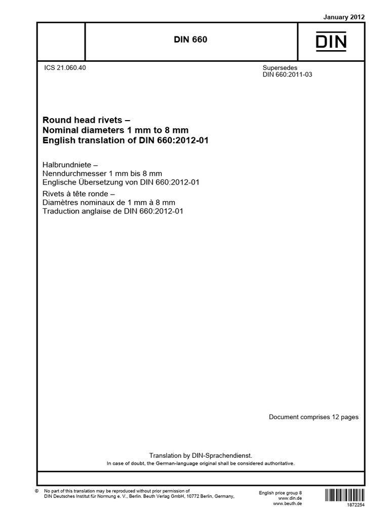 DIN 660: Round Head Rivets Standard | PDF | Engineering Tolerance | Rivet