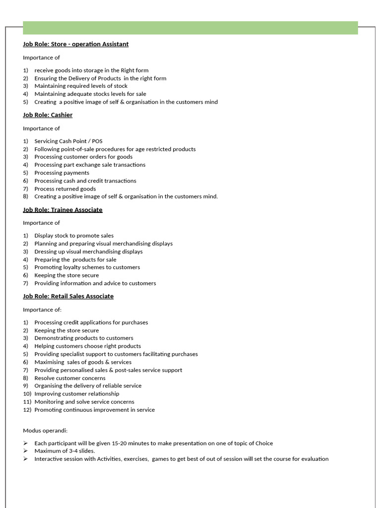 Retail Job Roles and Responsibilities Guide | PDF