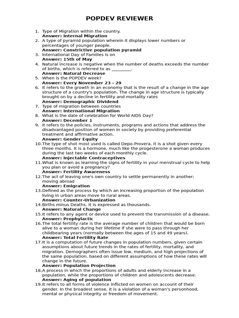 POPDEV Quiz Reviewer 2025 | PDF | Family Planning | Birth Rate