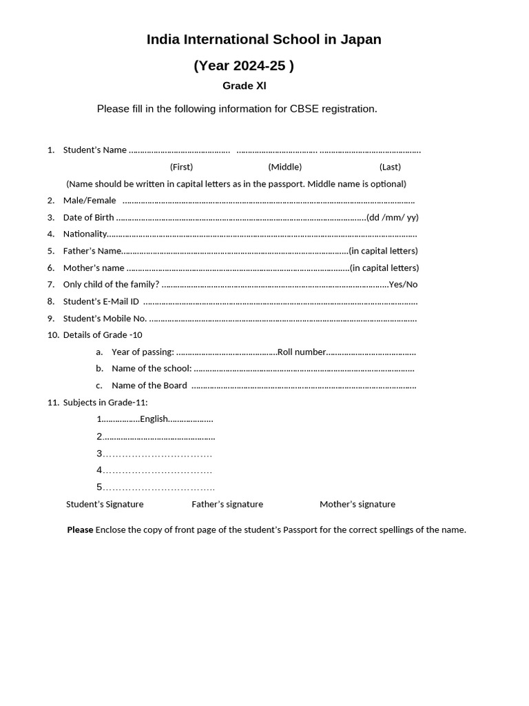 CBSE Registration Form Grade XI 2024-25 | PDF