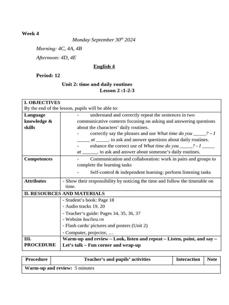 Daily Routines Lesson Plan for ESL | PDF | Question | Learning