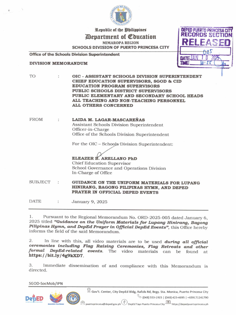 Dm guidance on the uniform materials for lupang hinirang bagong