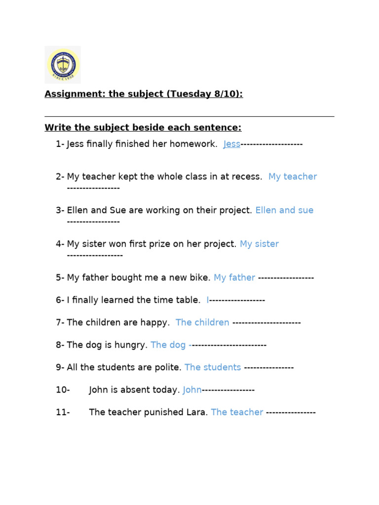Sentence Subject Identification Exercise | PDF