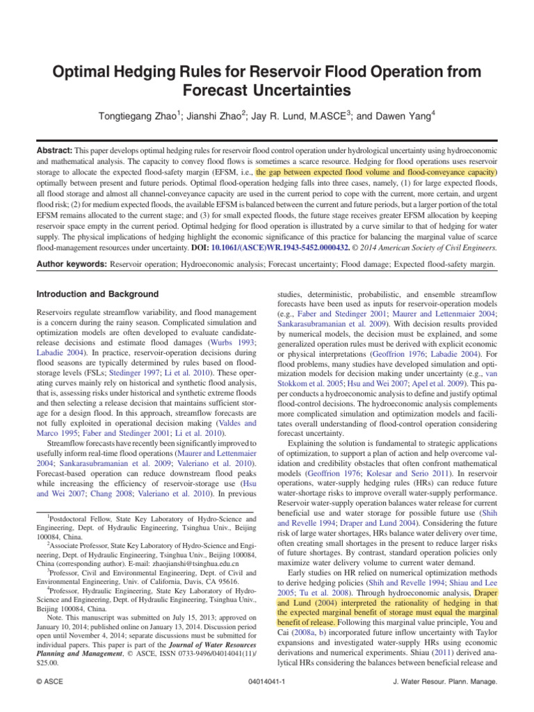 Zhao T Optimal Hedging Rules For Reservoir Flood Operation From ...